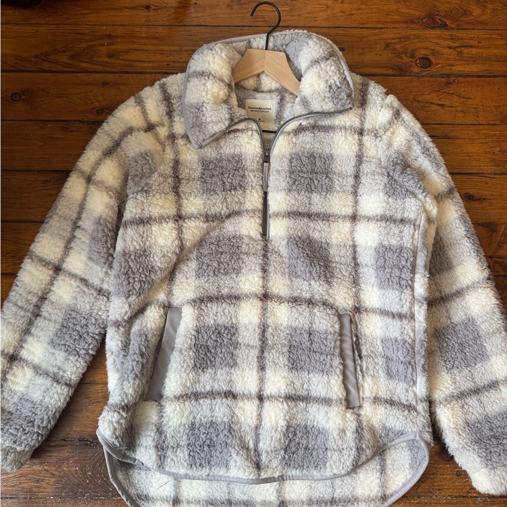 Abercrombie & Fitch Cream and Gray Plaid Sherpa Quarter Zip